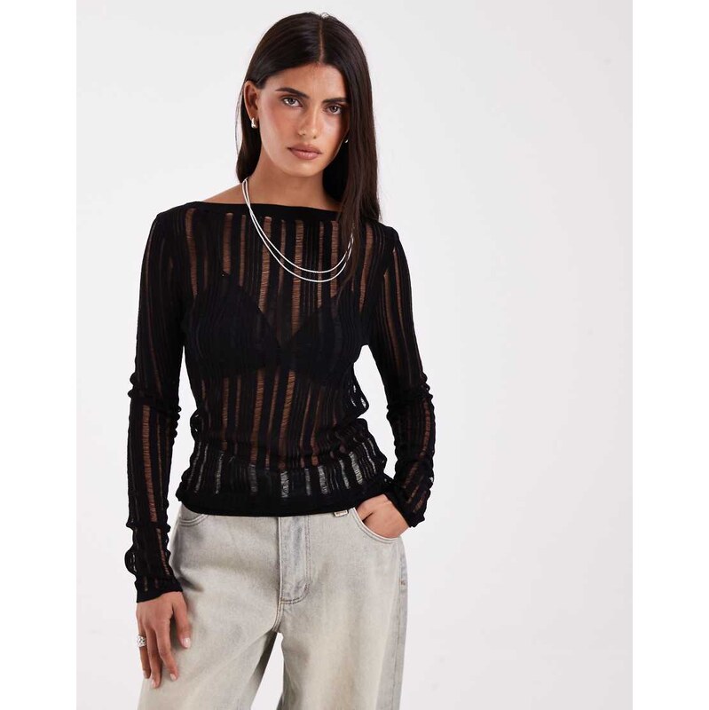 ASOS DESIGN ladder fine knit long sleeve top in black