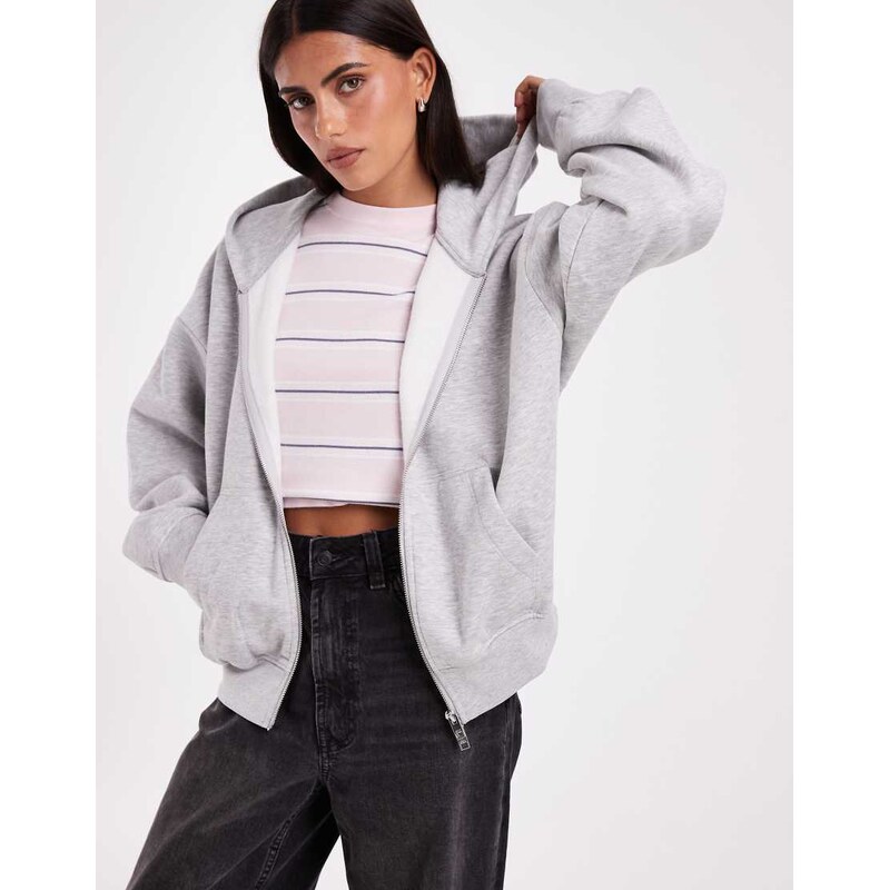 JJXX boxy oversized zip through hoodie in light grey