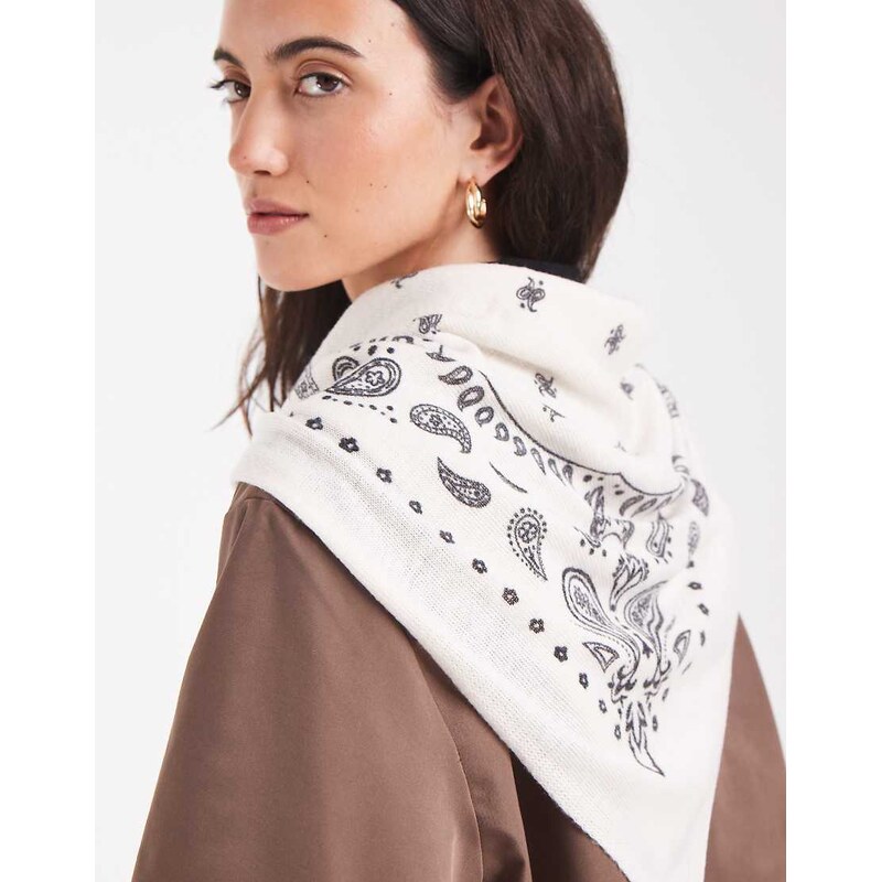 Pieces cream scarf in black paisley print-White