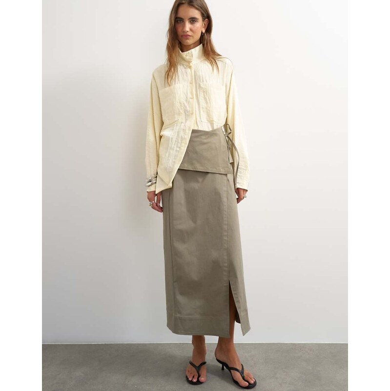 Topshop twill wrap tie detail maxi skirt in charcoal grey