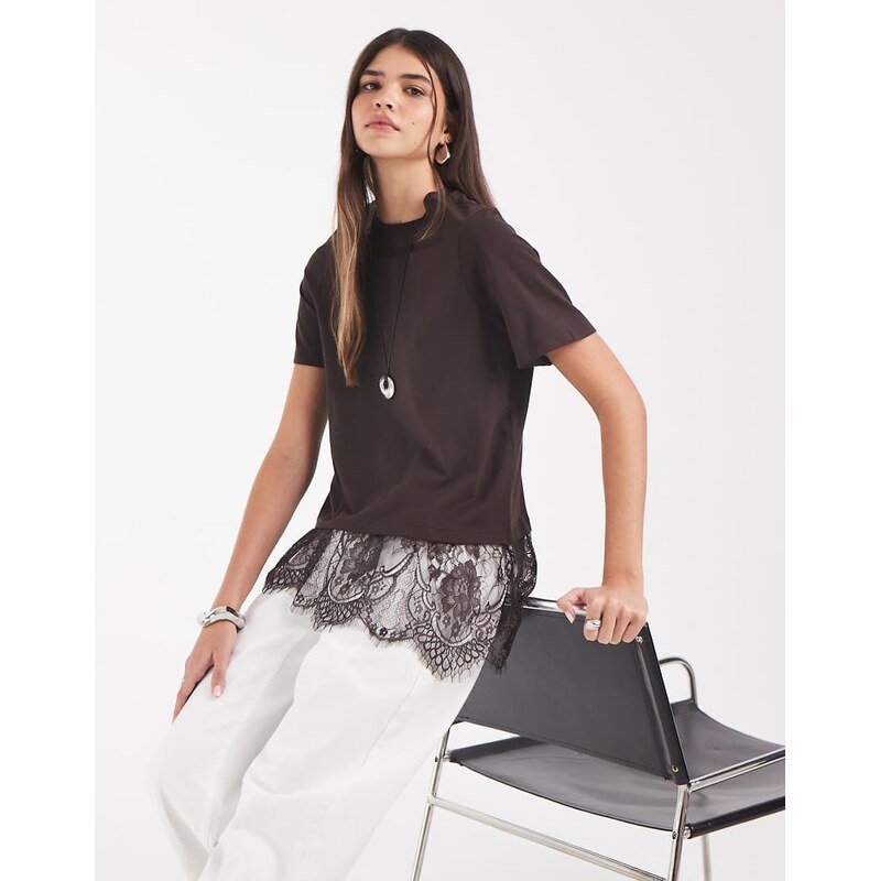 Vero Moda t-shirt with asymmetric lace detail in chocolate brown