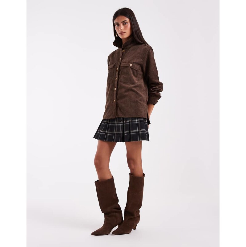 Pieces pocket detail oversized cord shirt in chocolate brown
