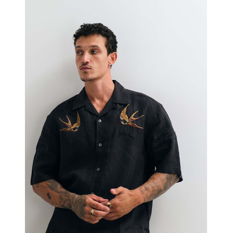 AllSaints Avia short sleeve embroidered sparrow linen shirt in