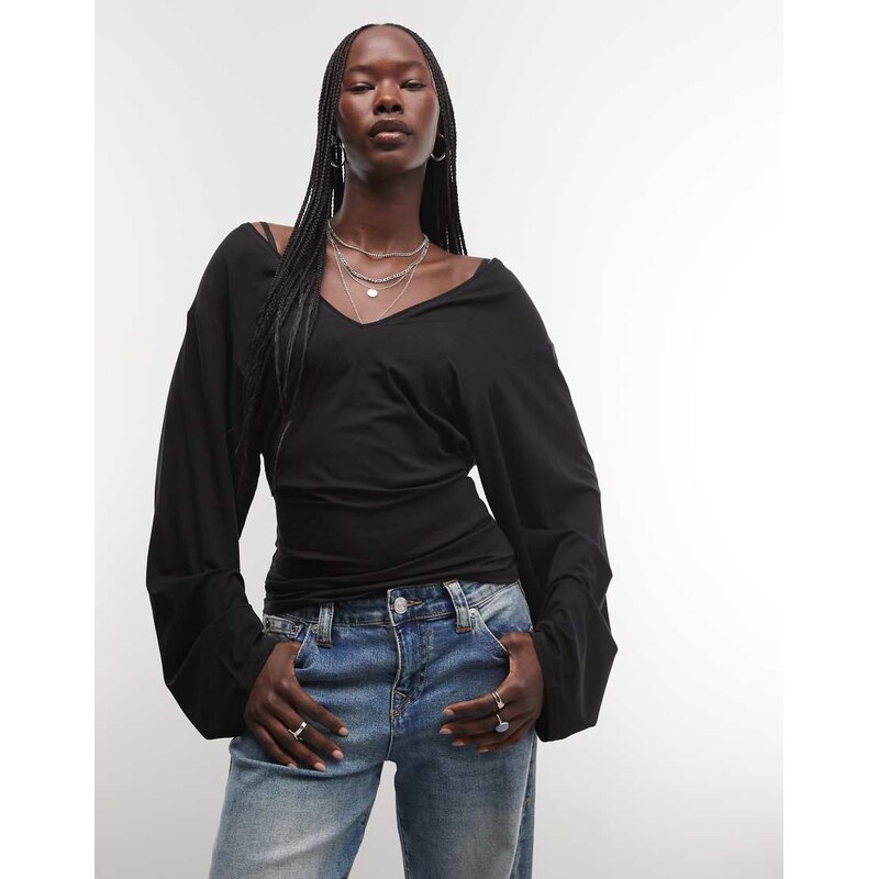 Weekday drape plunge long sleeve top with cinched waist in black