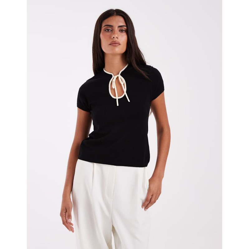 ASOS DESIGN tie front collared top in black with white tipping