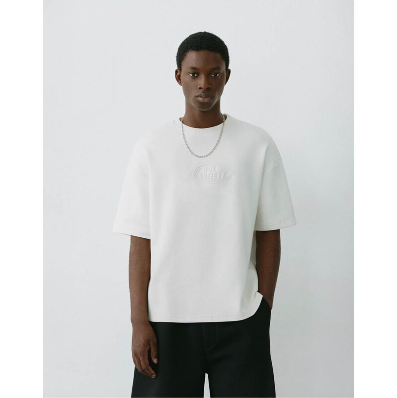Pull&Bear Heavyweight t-shirt with raised logo in off white