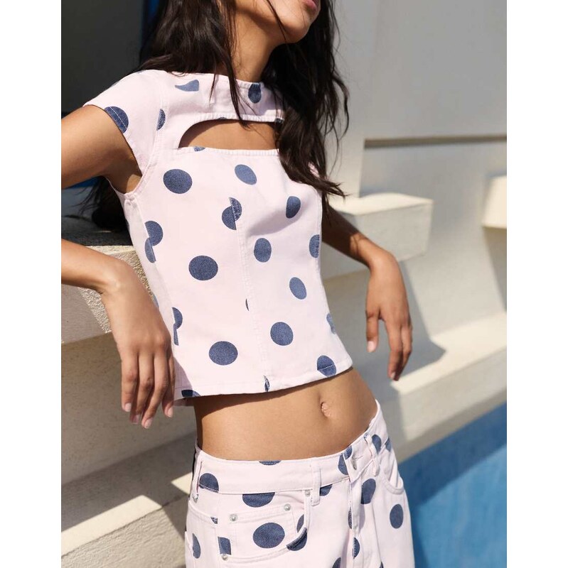Pull&Bear Polka dot cut-out top in pink