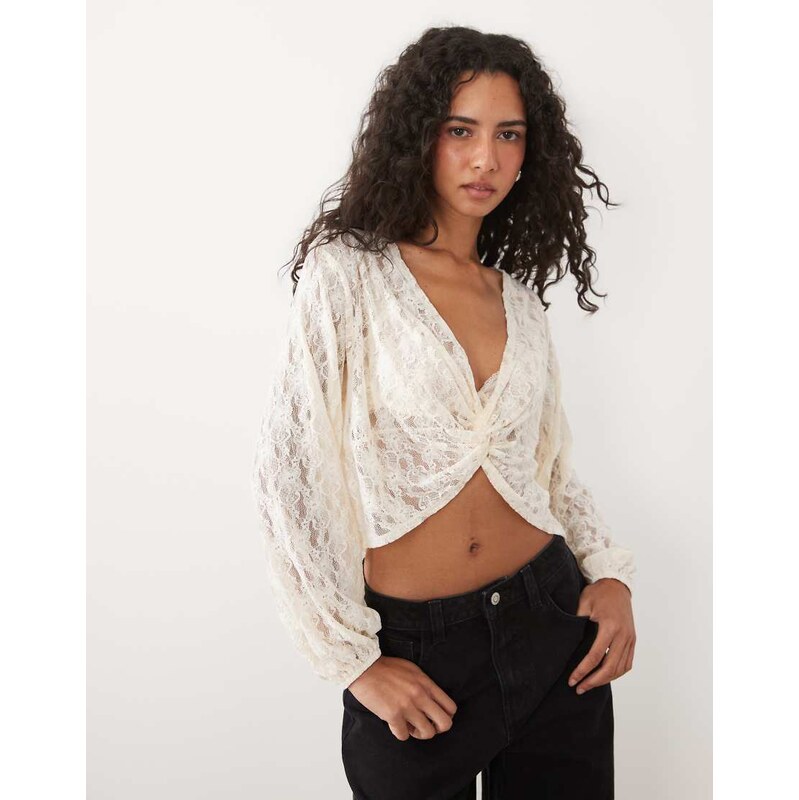 Miss Selfridge lace twist front top in cream-White