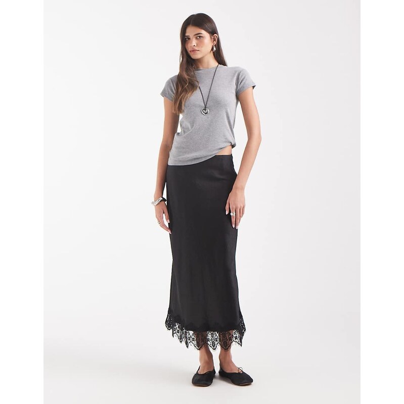 Vero Moda satin midi skirt with lace detail hem in black