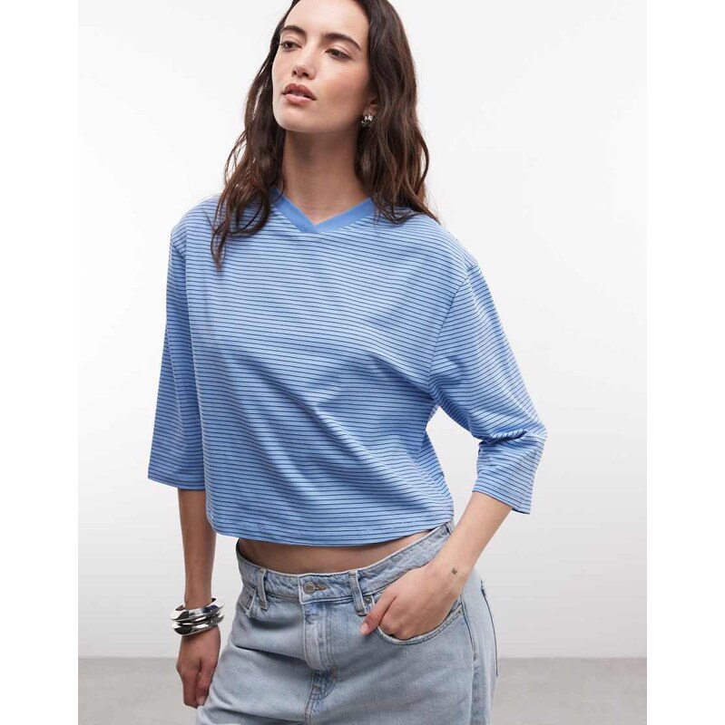 Reclaimed Vintage high v neck sleeve in Blue Stripe