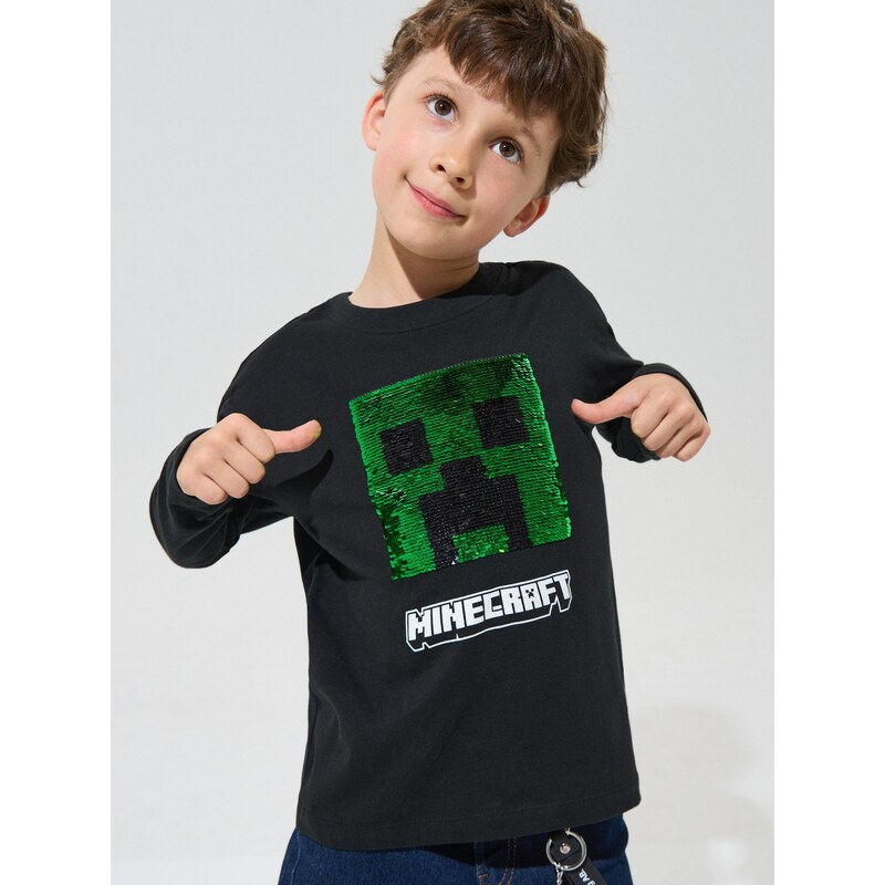 Sinsay - Bavlněné tričko s flitrovým zdobením Minecraft - černá