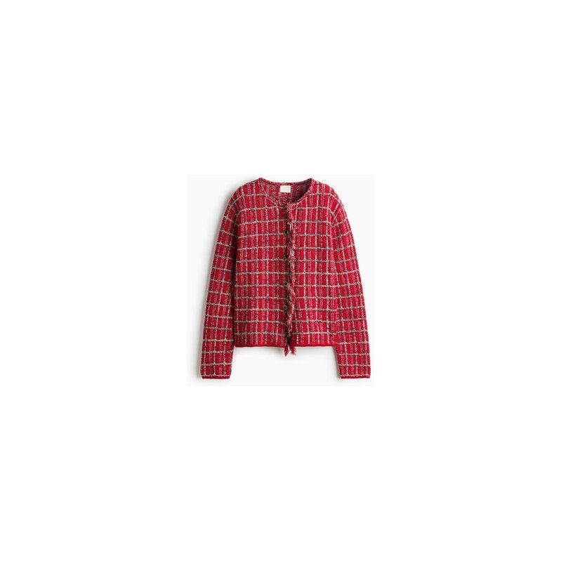 H&M - Žakárový propínací svetrs třásňovým lemem - Červená/Vzor