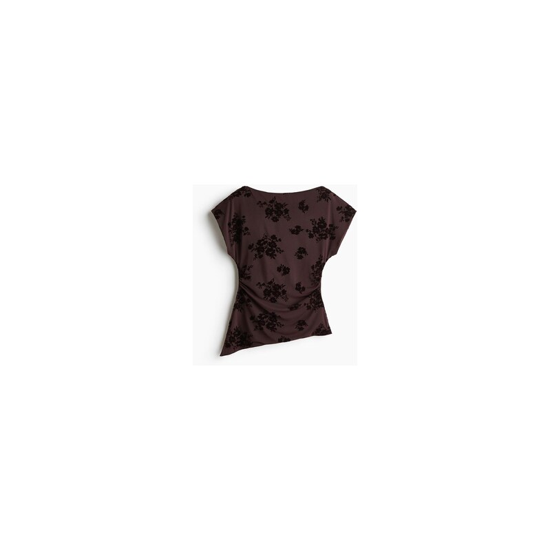 H&M - Asymetrický top se sametovým potiskem - Tmavě Hnědá