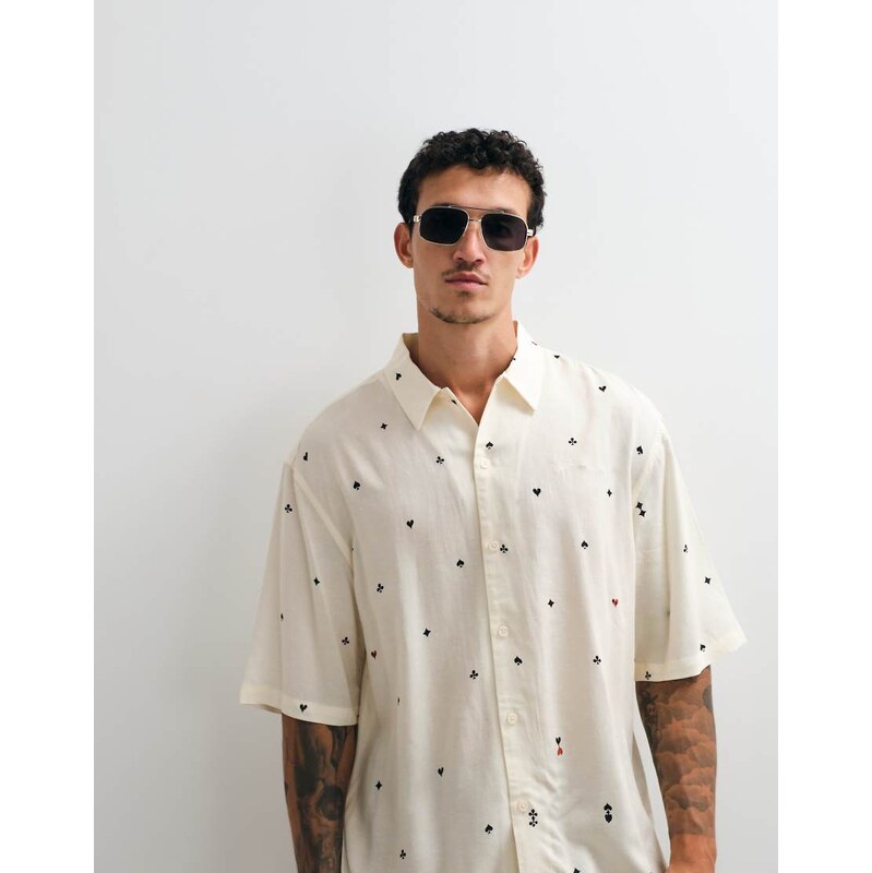 AllSaints Cardsuit short sleeve printed shirt in ecru-White
