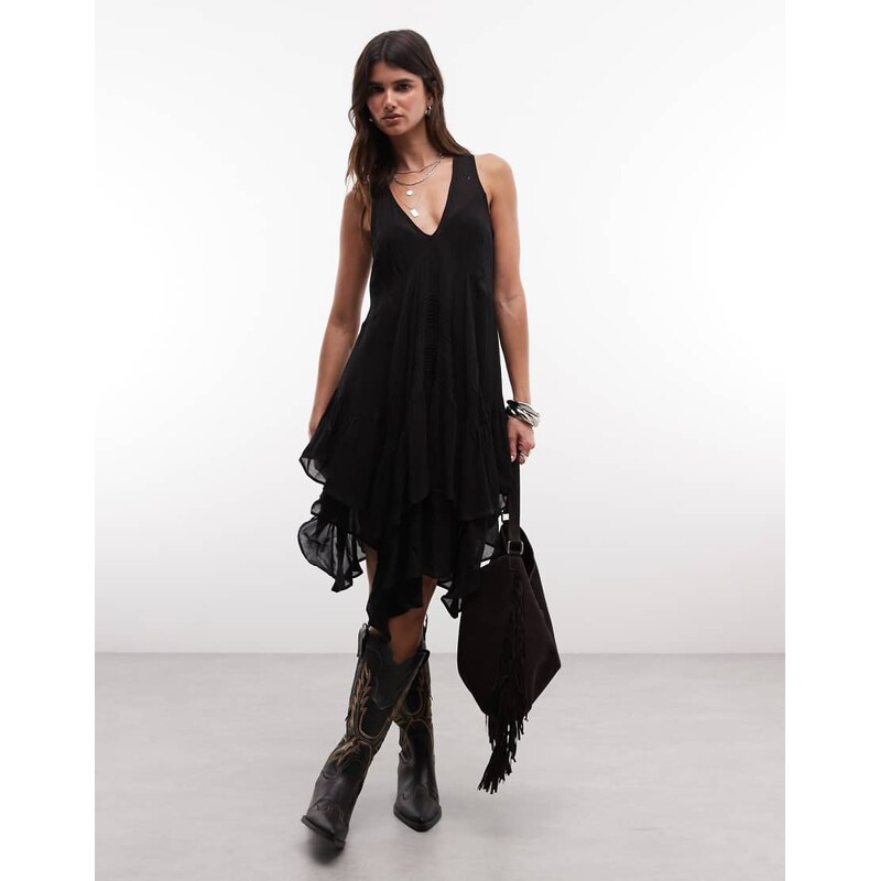 AllSaints Gretal v neck ruffle midi dress in black