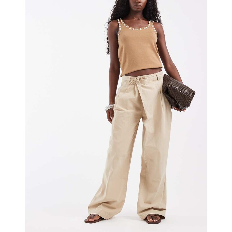 ASOS DESIGN wrap waist wide leg trouser in strone-Neutral