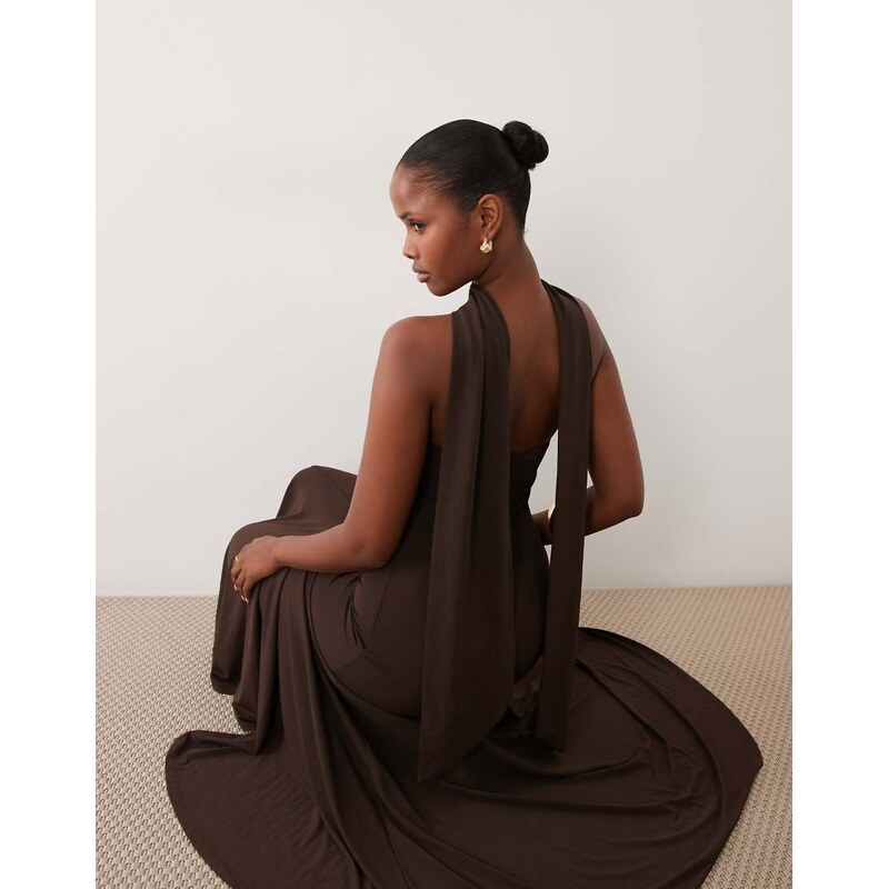 YAS bandeau drop waist scarf detail maxi dress in chocolate