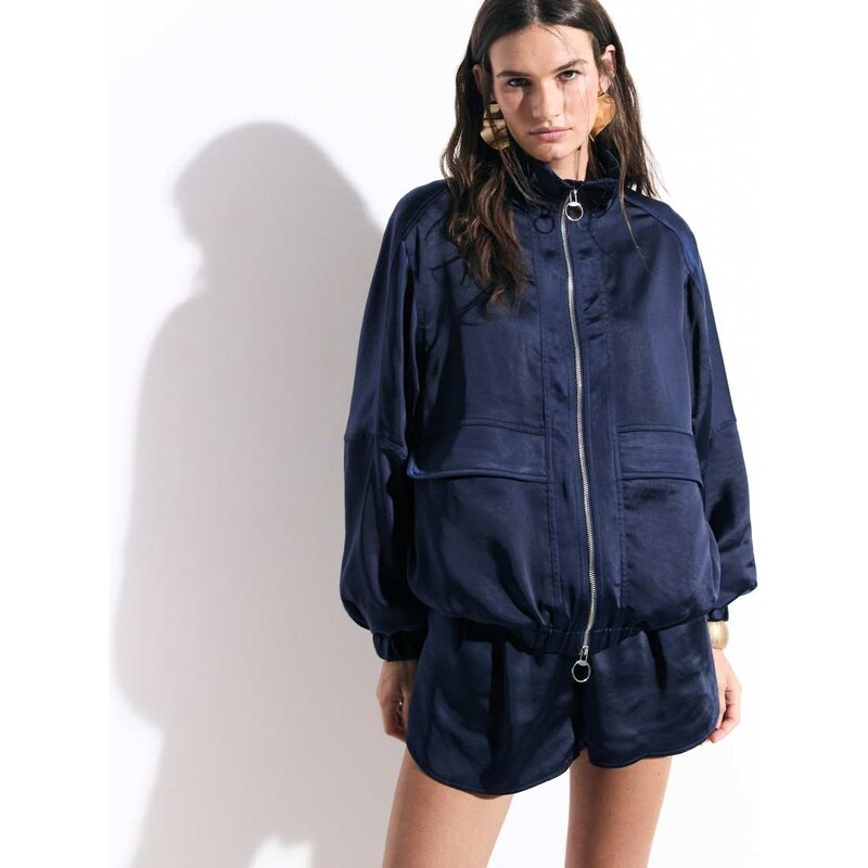 ASOS DESIGN tailored bomber jacket in satin in navy
