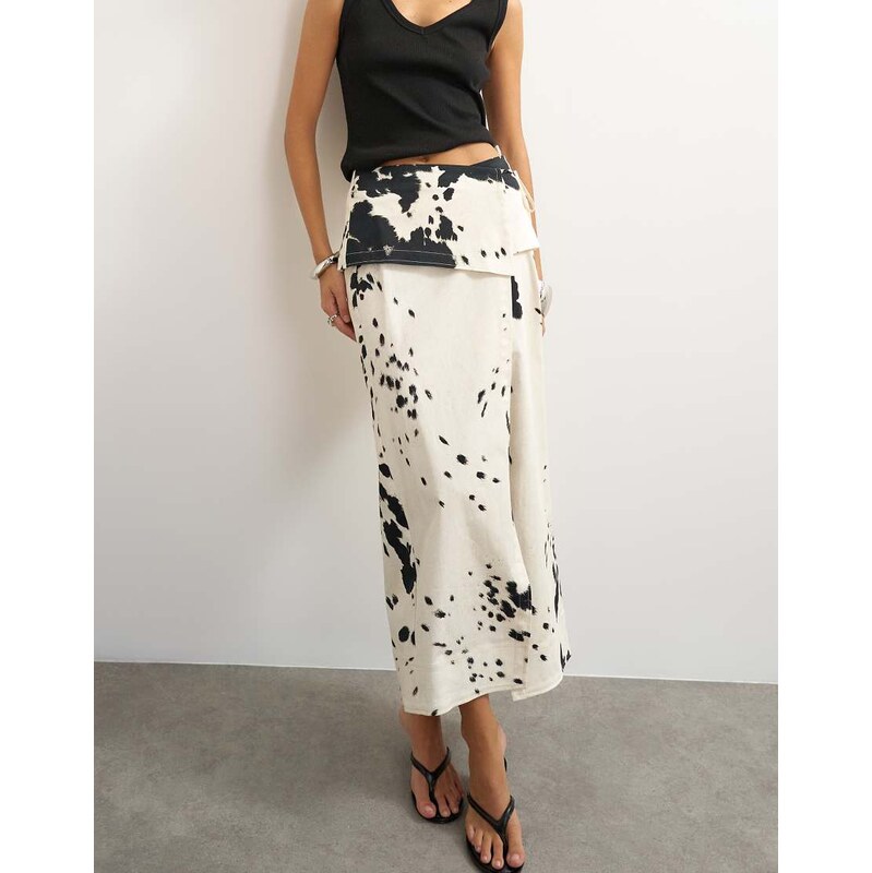 Topshop twill wrap tie detail maxi skirt in cow print-Neutral