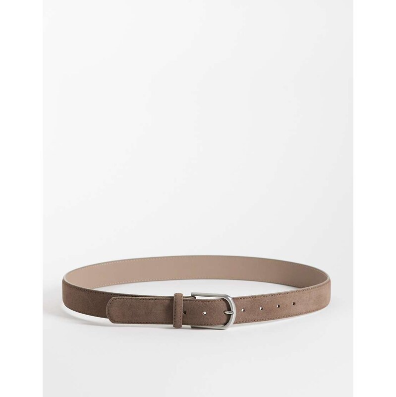 ASOS DESIGN rounded edge buckle real suede belt in taupe-Brown