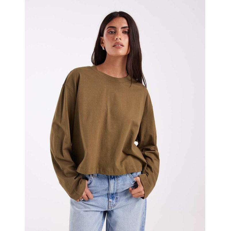 ASOS DESIGN long sleeve boxy cropped t-shirt in khaki-Green
