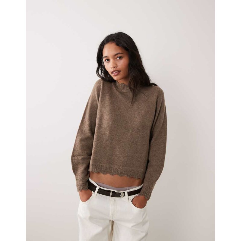 Vila scallop trim knitted jumper in falcon-Brown