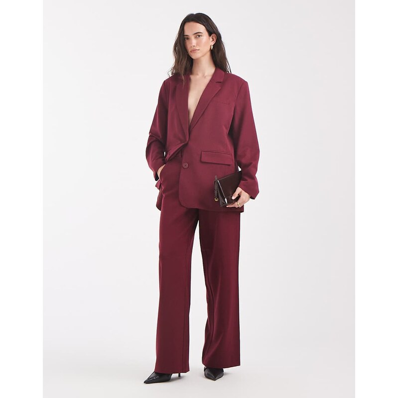 Pieces wide leg dad trousers with belt loops co-ord in burgundy
