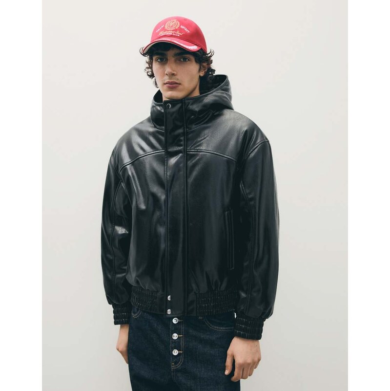 Bershka Hooded leather effect jacket in black