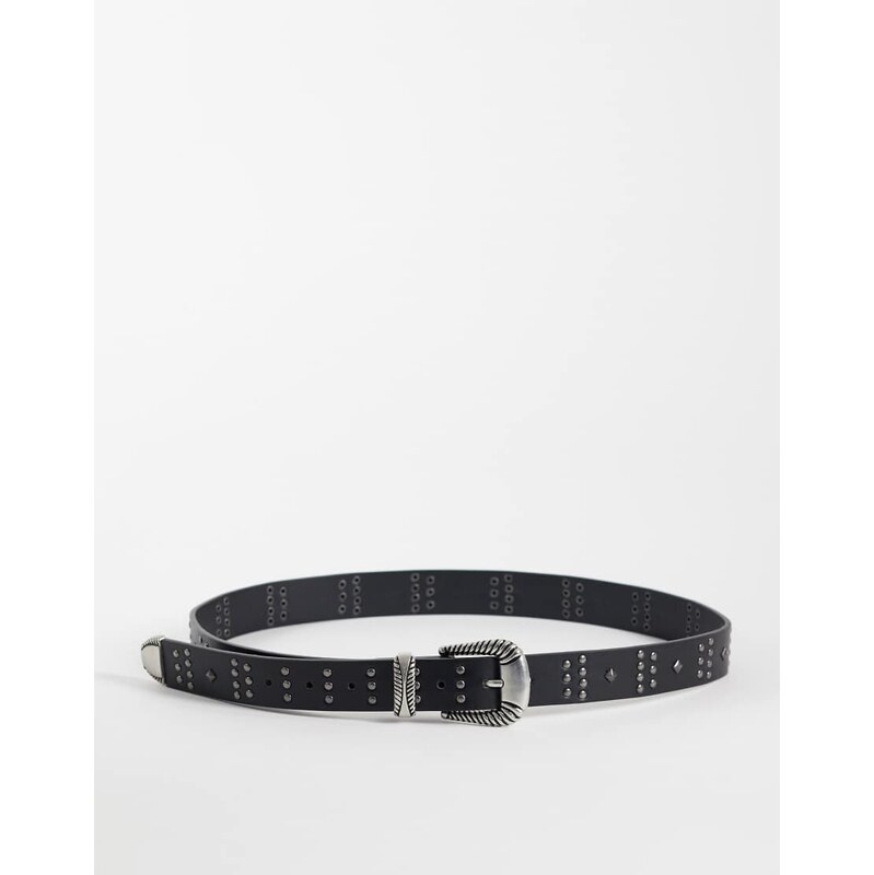 ASOS DESIGN western buckle studded belt in black faux leather
