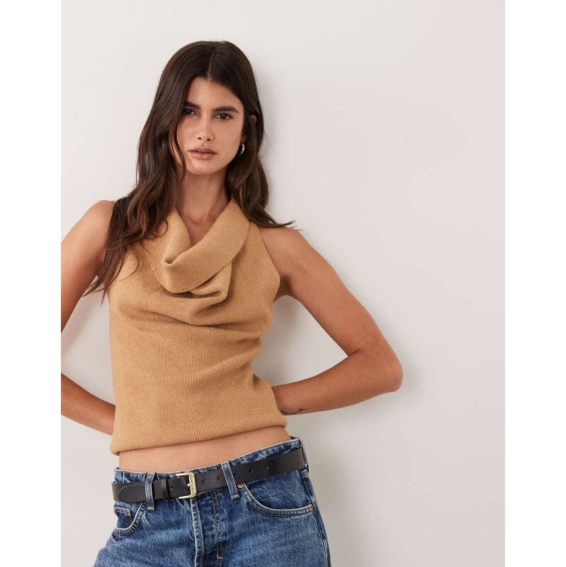 ASOS DESIGN ribbed cowl neck halter knitted top in taupe-Brown