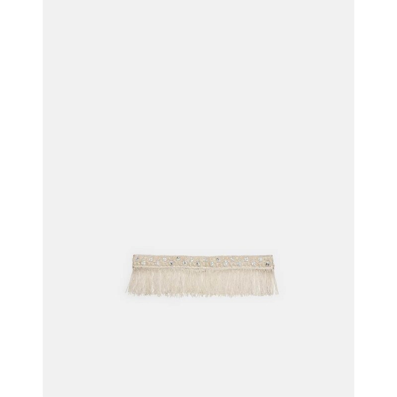 Stradivarius Faux pearl and fringe belt in ecru-White