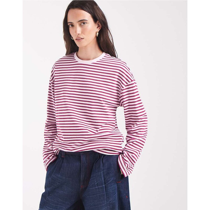 Pieces long sleeve super soft t-shirt in pink and white stripe