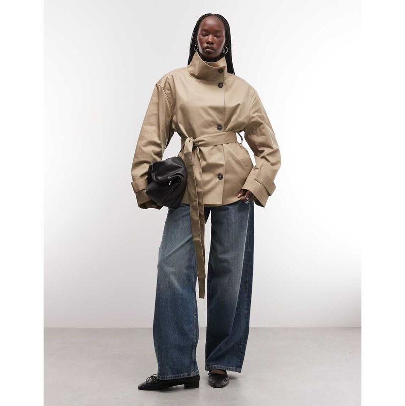 Weekday short trench with funnel neck in beige exclusive to ASOS