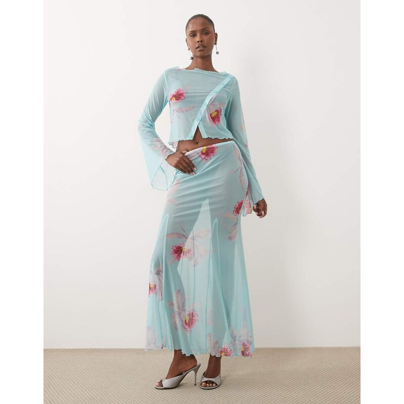 ASOS DESIGN sheer maxi co-ord skirt in blue floral