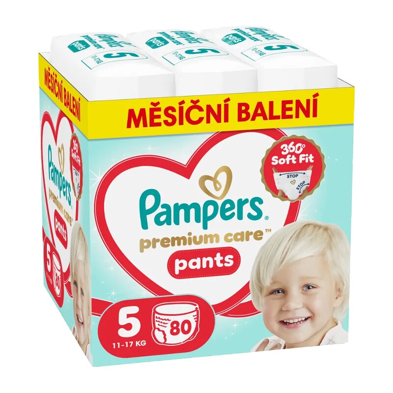 Pampers Plenkové kalhotky Premium Care, 11–17 kg, vel. 5 80 ks