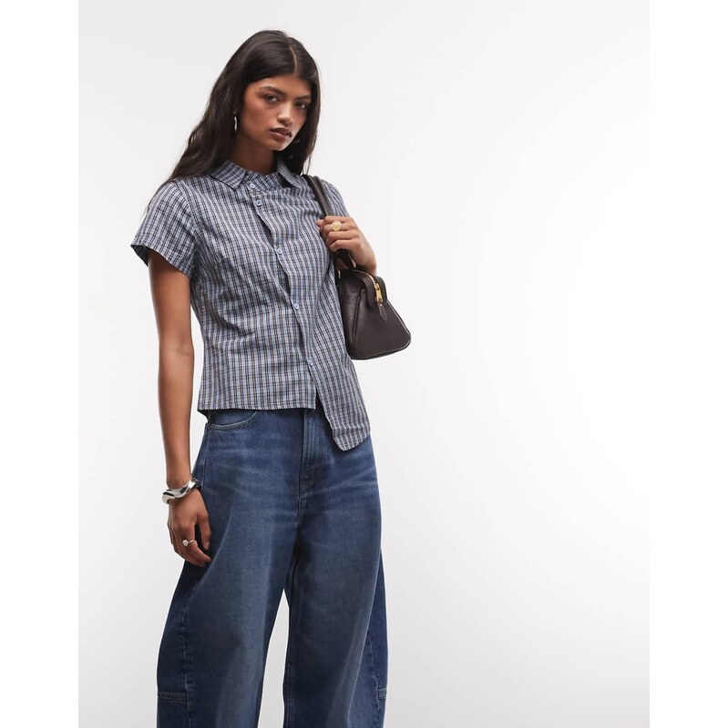 COLLUSION asymmetric short sleeve shirt in blue check