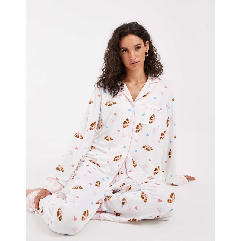 Loungeable revere button up shirt and trouser pyjama set in