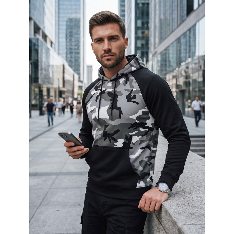BASIC Šedo-černá mikina s camo vzorem Maskáčová