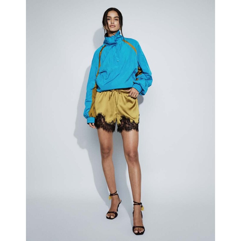ASOS DESIGN satin lace trim drawstring waist short in ochre