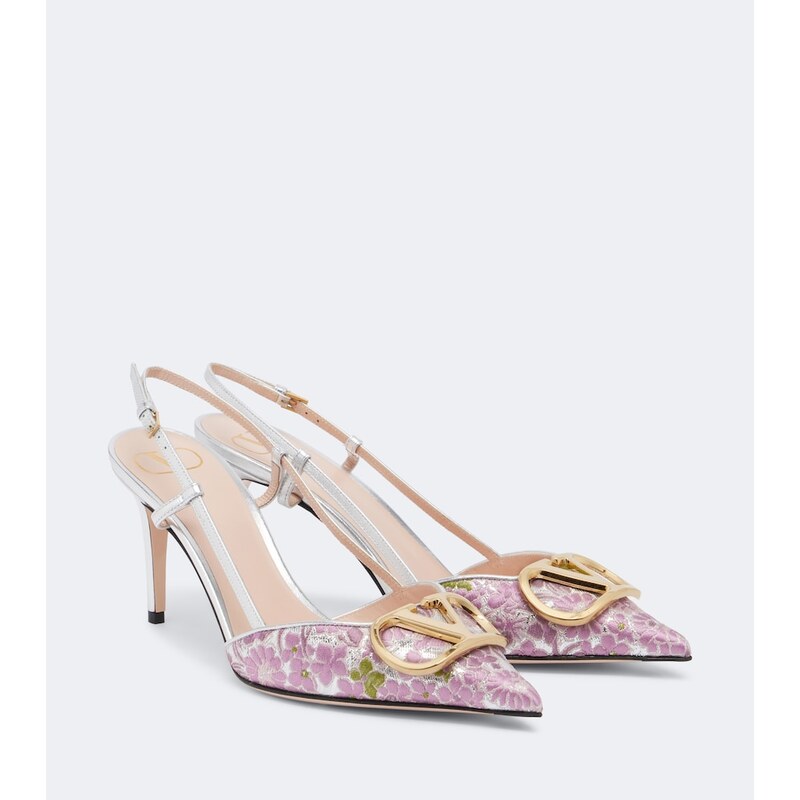 Valentino Garavani VLogo floral leather-trimmed slingback pumps