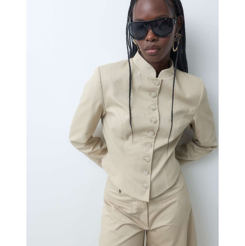 ASOS DESIGN cinch mandarin military jacket in stone-Neutral