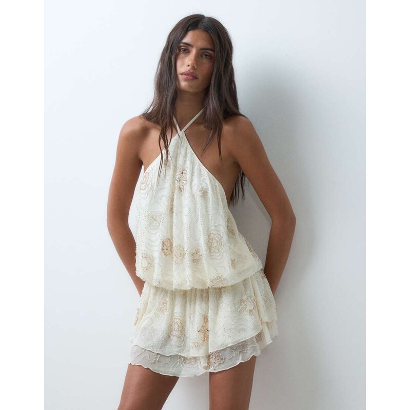 Miss Selfridge festival halter drop waist embellished playsuit