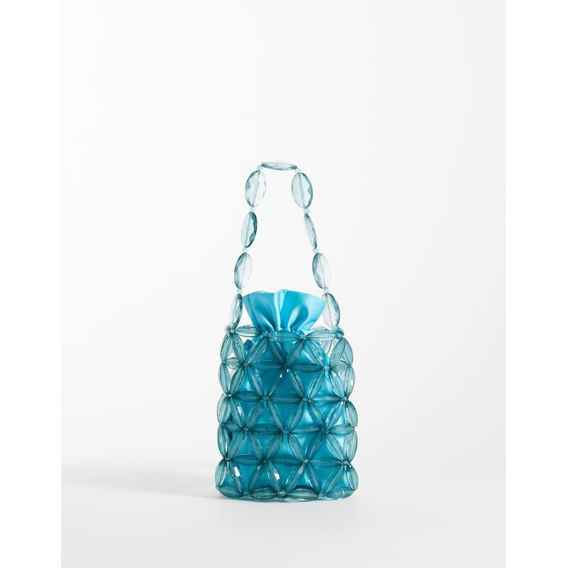 ASOS DESIGN beaded bucket clutch in teal-Blue