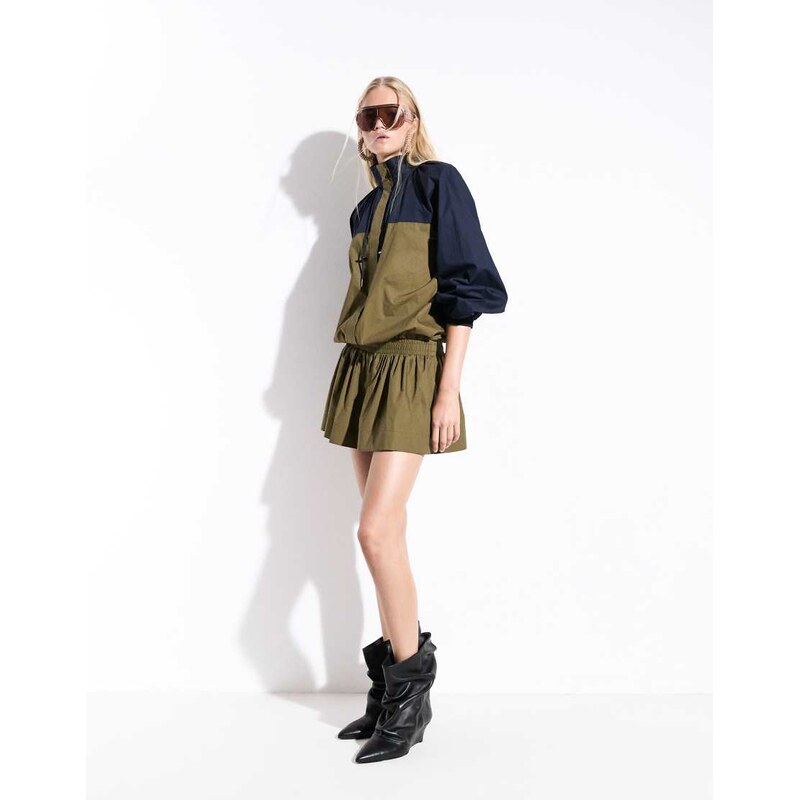 ASOS DESIGN ruffle neck track mini dress in navy and olive