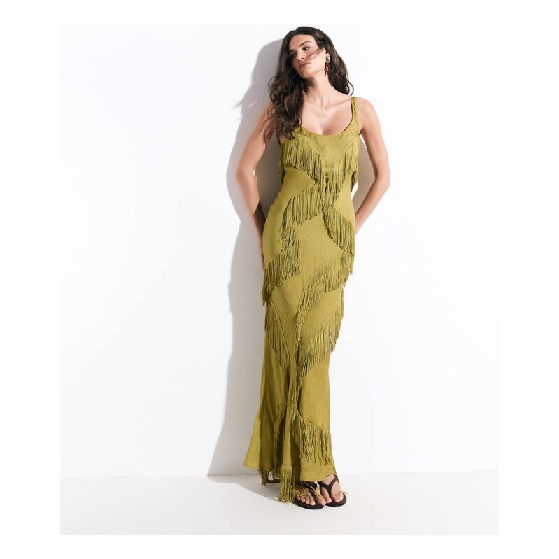 ASOS DESIGN scoop neck maxi dress with asymmetric fringe in