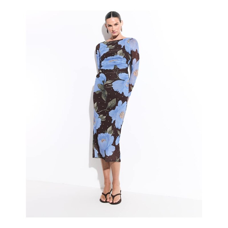 New Look polka dot floral mesh midi dress in blue & brown