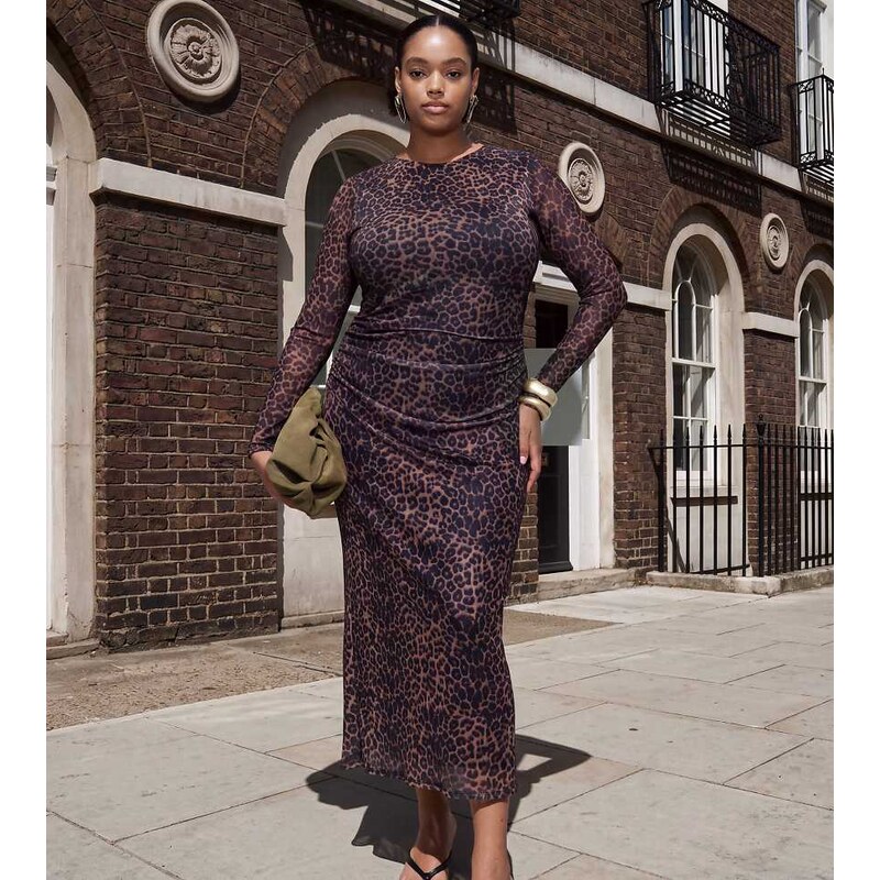 New Look Plus New Look Curve ruched mesh midi dress in brown