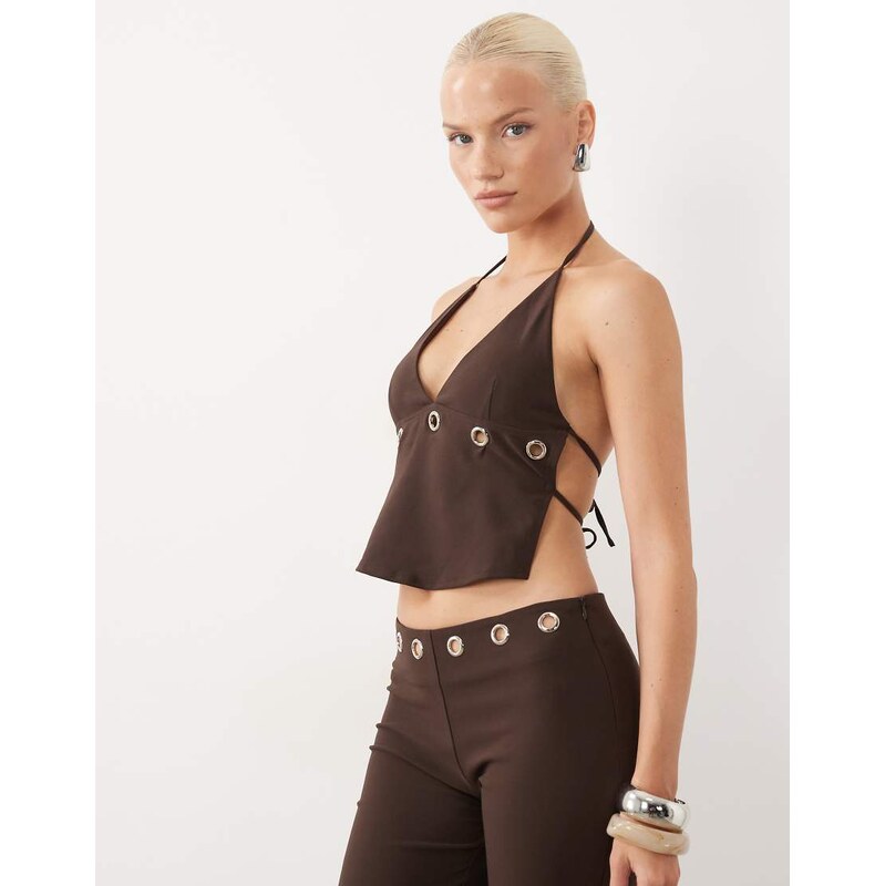 Tiger Mist Marren cami halterneck eyelet top co-ord in chocolate