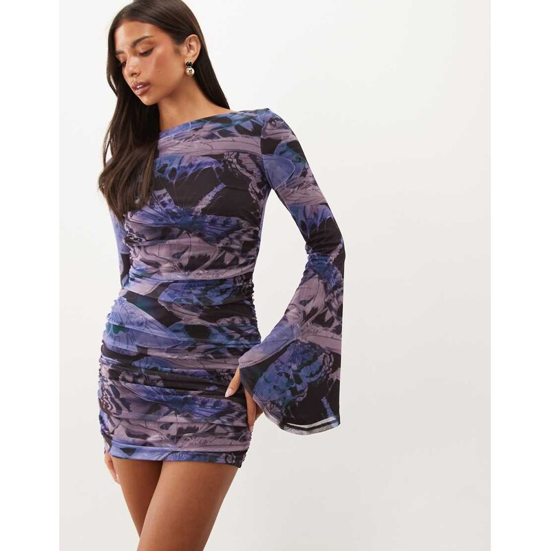 ASOS DESIGN printed mesh waterfall sleeve ruched mini dress in