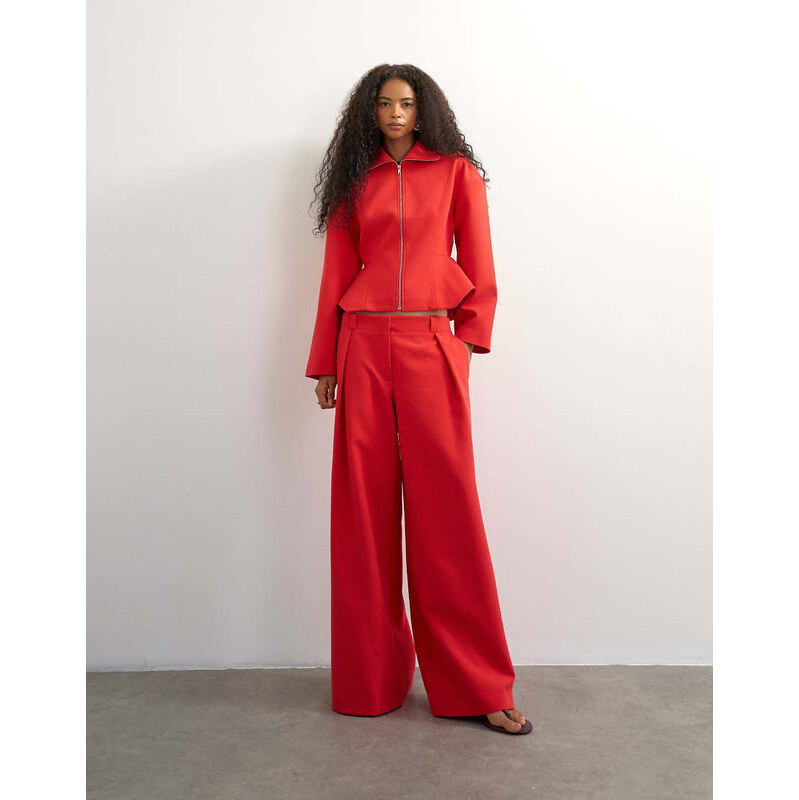 Topshop tailored pleat detail low rise wide leg trousers in red